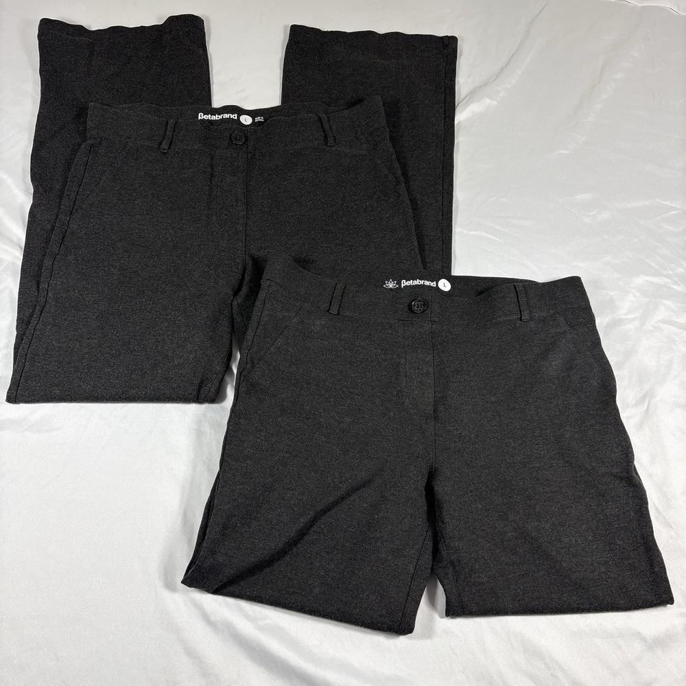 (2) Betabrand Yoga Bootcut Dress Pants Women L Charcoal Gray Pull On W0104 32x30